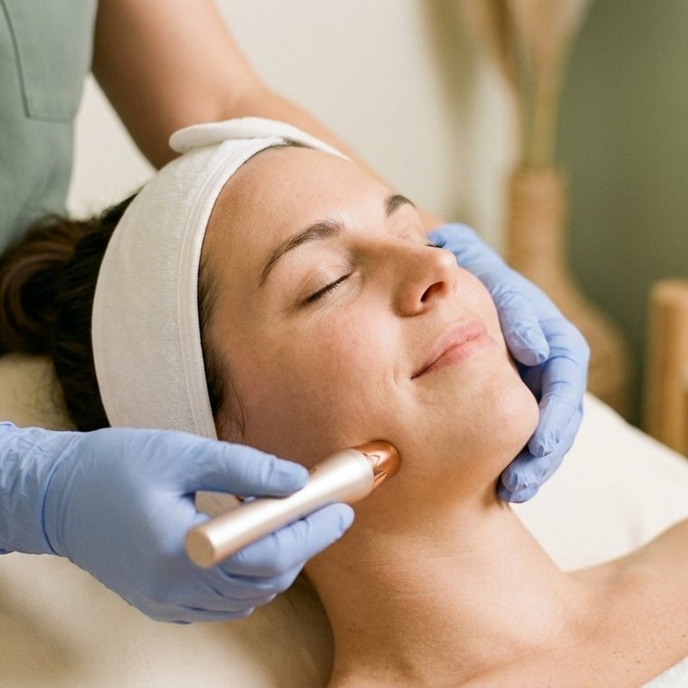 A client relaxing during a facial treatment at JacquelynE Aesthetics